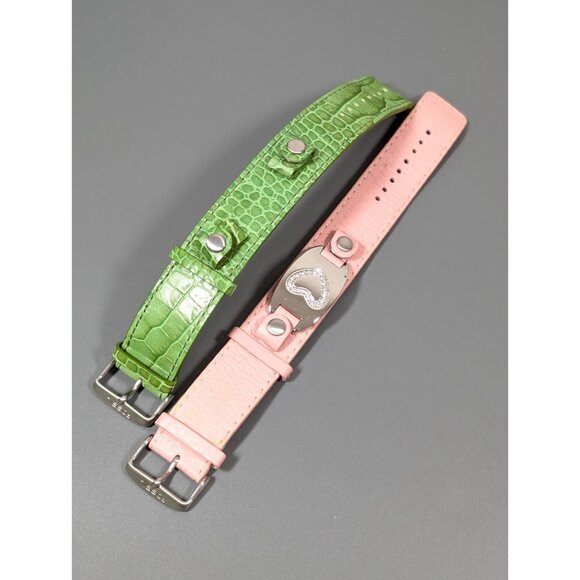 Fossil Leather Set of 2 Y2K Pink Green Heart Charm Cuff Bracelet Buckle 7 inches - Picture 7 of 12